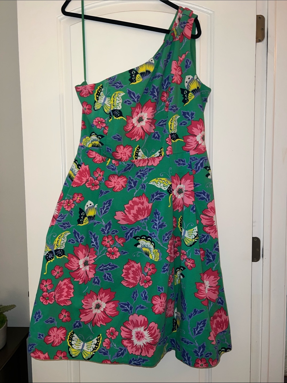 Talbots Green One-Shoulder Floral A-Line Dress with Pink Blooms